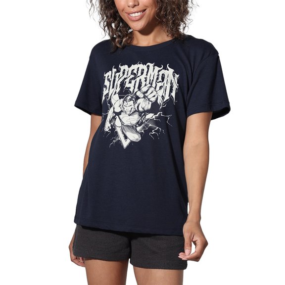 Popfunk Superman Flying Band Women's Loose T-Shirt, Navy, Large