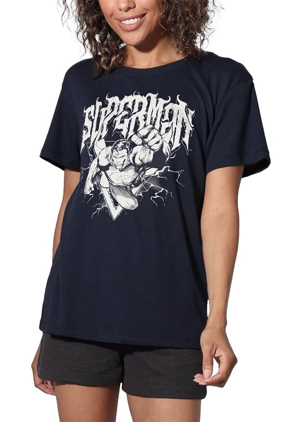 Popfunk Superman Flying Band Women's Loose T-Shirt, Navy, X-Large