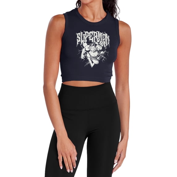 Popfunk Superman Flying Band Women's Sleeveless Crop Top Tank, Navy, X-Small
