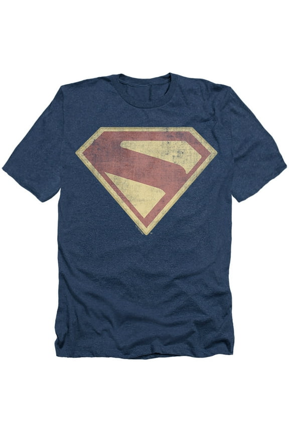 Popfunk Superman Logo Full Color Distress Unisex Adult Heather T Shirt, Navy Heather, Large