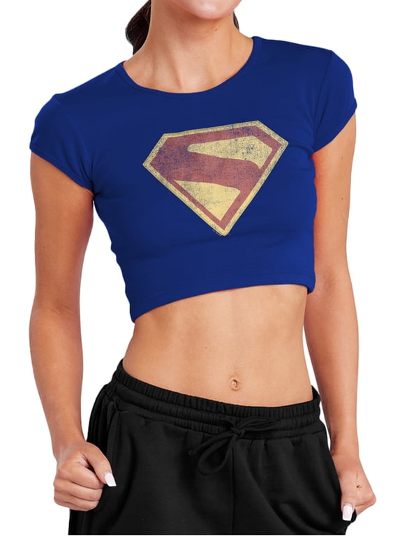 Popfunk Superman Logo Full Color Distress Women's Cap Sleeve Baby Rib Crop Top, Navy, Small