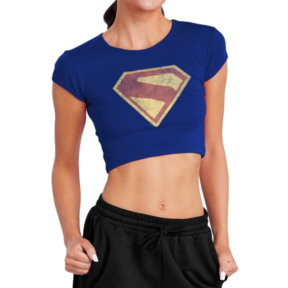 Popfunk Superman Logo Full Color Distress Women's Cap Sleeve Baby Rib Crop Top, Navy, X-Large