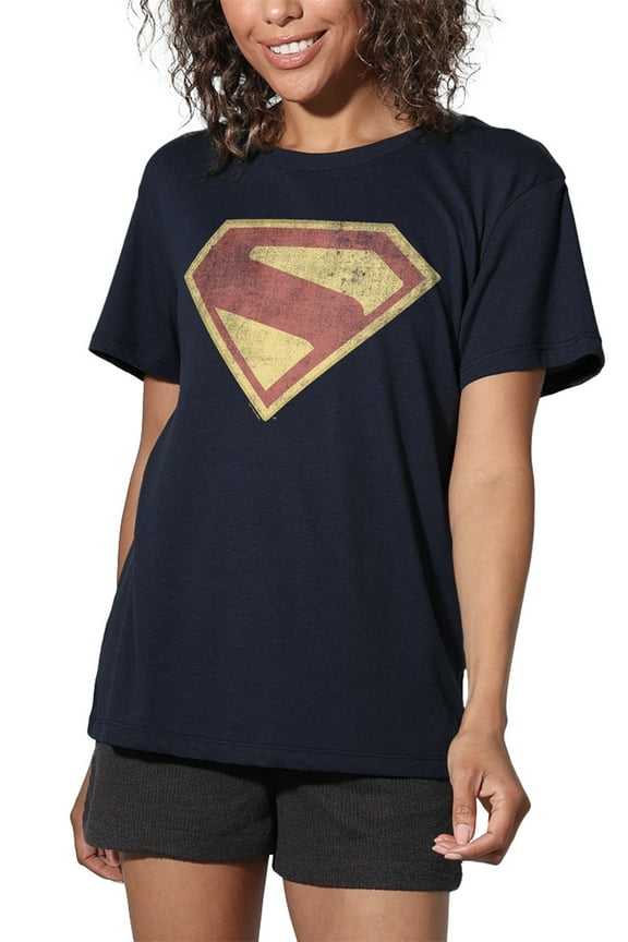 Popfunk Superman Logo Full Color Distress Women's Loose T-Shirt, Navy, Medium