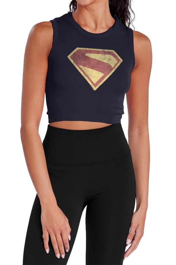 Popfunk Superman Logo Full Color Distress Women's Sleeveless Crop Top Tank, Navy, Large