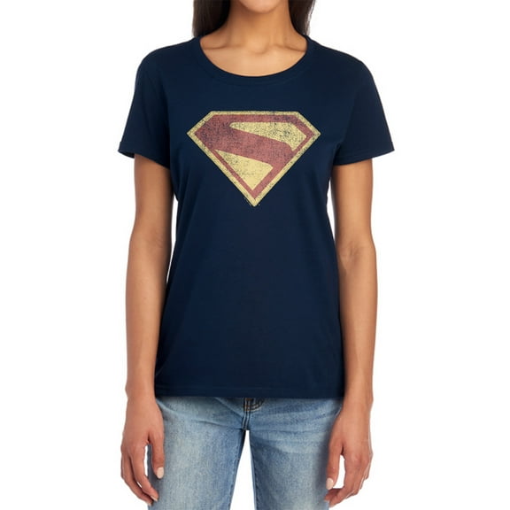 Popfunk Superman Logo Full Color Distress Women's T Shirt, Navy, X-Large
