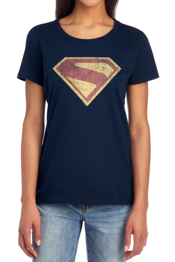 Popfunk Superman Logo Full Color Distress Women's T Shirt, Navy, X-Large