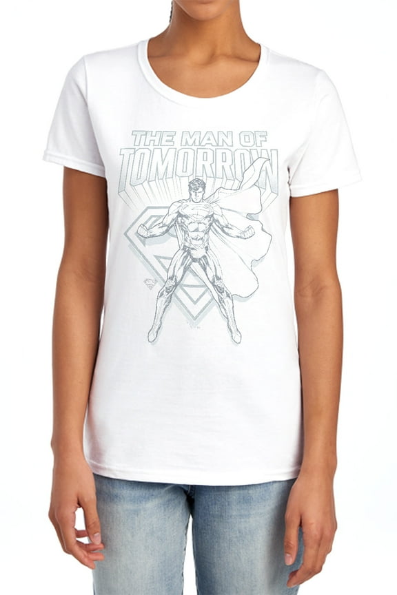 Popfunk Superman Man of Steel Sketch Women's T Shirt, White, Large