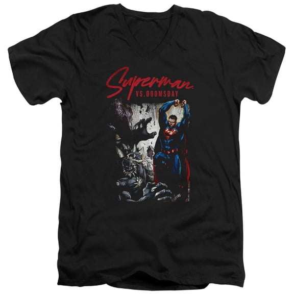 Popfunk Superman vs Doomsday Unisex Adult V-Neck T Shirt (Large) Black