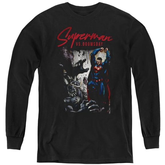 Popfunk Superman vs Doomsday Youth Long Sleeve T Shirt, Black, Small