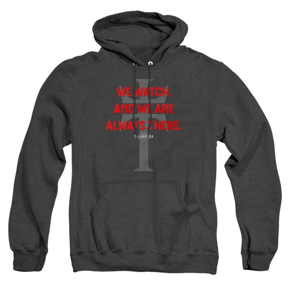 Popfunk Talamasca T Logo We Watch Unisex Adult Pull-Over Heather Hoodie, Black Heather, Large