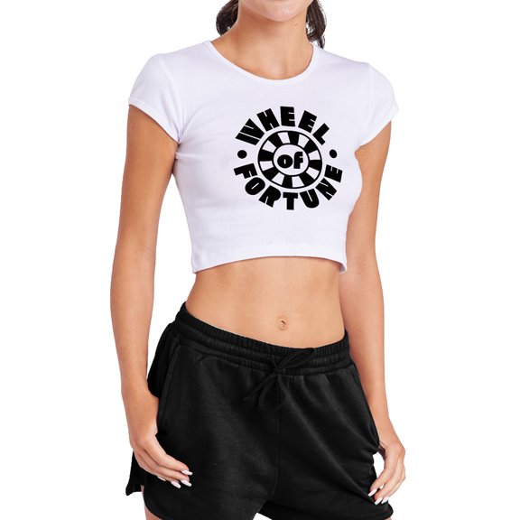 Popfunk Wheel of Fortune Dark Wheel Women's Cap Sleeve Baby Rib Crop Top, White, Medium