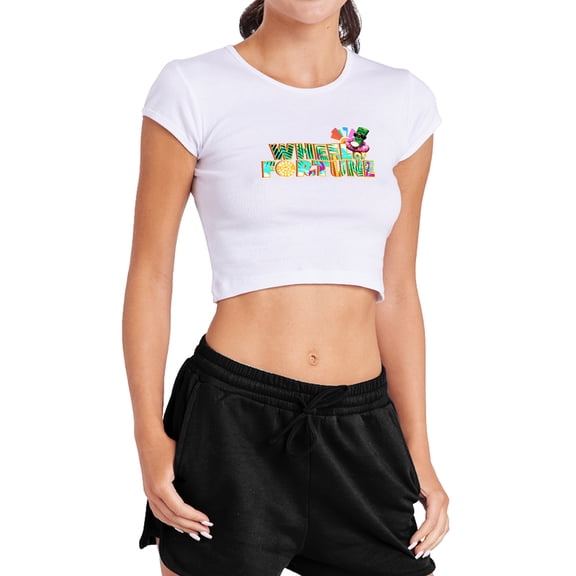 Popfunk Wheel of Fortune Tropical Logo Women's Cap Sleeve Baby Rib Crop Top, White, X-Large