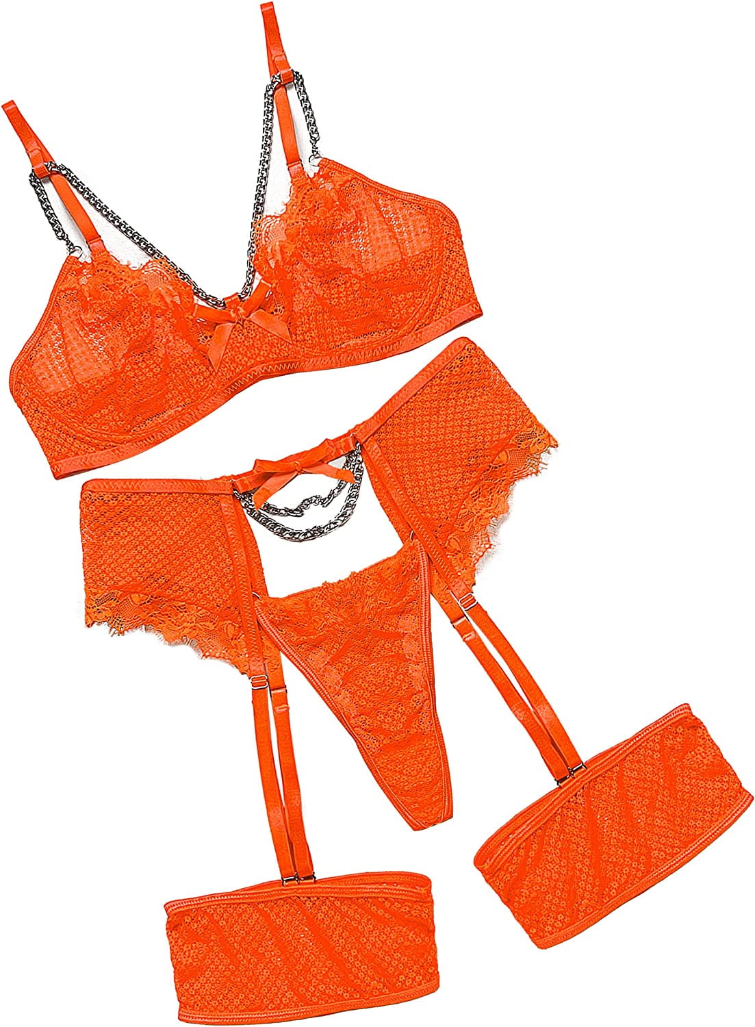 Popiv Women Garter Lingerie, Lace Chain Strappy Lingerie Set, Underwire