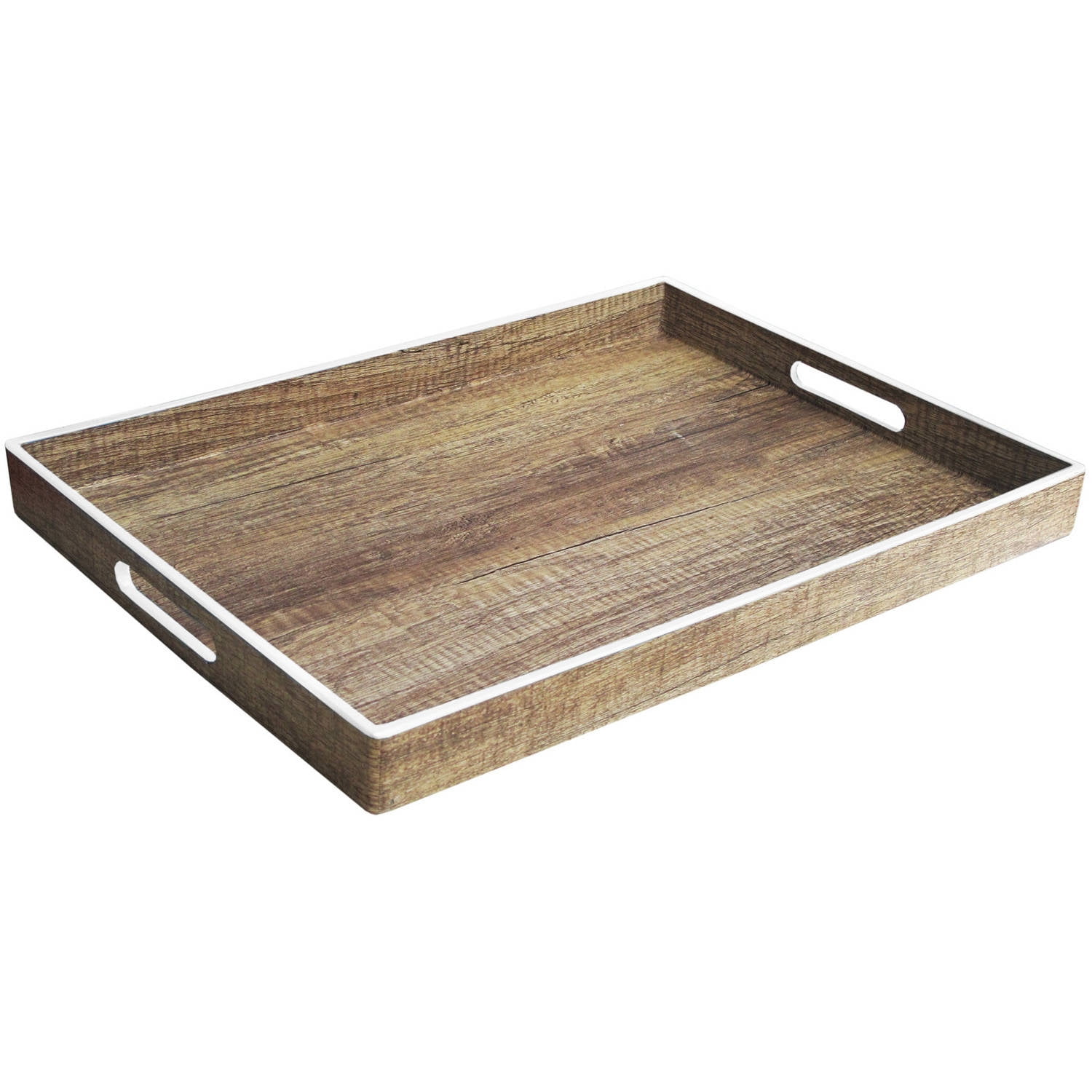 Poplar Finish Serving Tray with White Rim and Handles