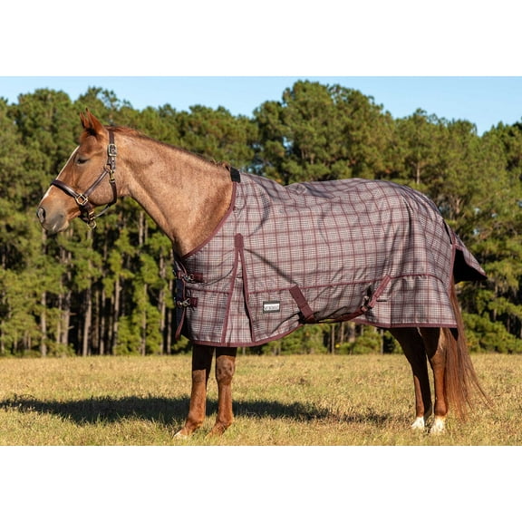 Jeffers Poplar Head 600 Denier Turnout Sheet for Horses, 0g Polyfill, 69"- Waterproof Lightweight Horse Blanket, Adjustable Chest Belly Straps, Tail Flap, Stable Blanket - Espresso and Wine Plaid