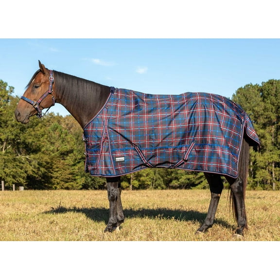 Jeffers Poplar Head 600 Denier Turnout Sheet for Horses, 0g Polyfill, 69"- Waterproof Lightweight Horse Blanket, Adjustable Chest Belly Straps, Tail Flap, Stable Blanket - Navy and Merlot Plaid