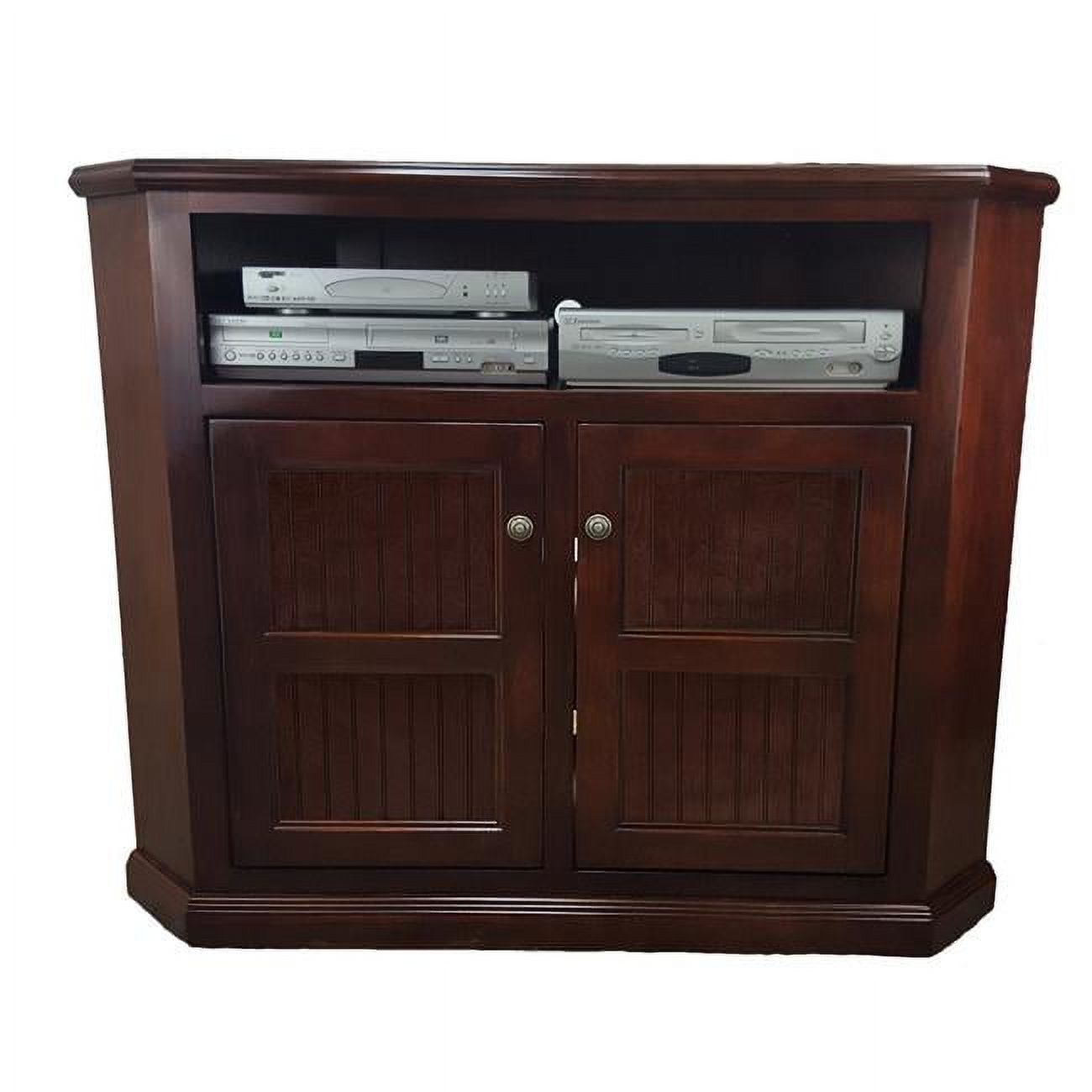 Poplar Tall Corner TV Stand with 2 Bead Board Doors, Chocolate Mousse