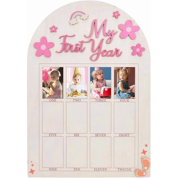 Poplar Wood 12 Months Newborn Baby Picture Frame My First Year Photo Display for Boy Girl Baby Birthday Nursery Decorations Arch 430x300x5mm Colorful