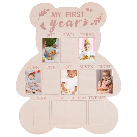 Poplar Wood 12 Months Newborn Baby Picture Frame My First Year Photo Display for Boy Girl Baby Birthday Nursery Decorations Bear 420x335x4.5mm