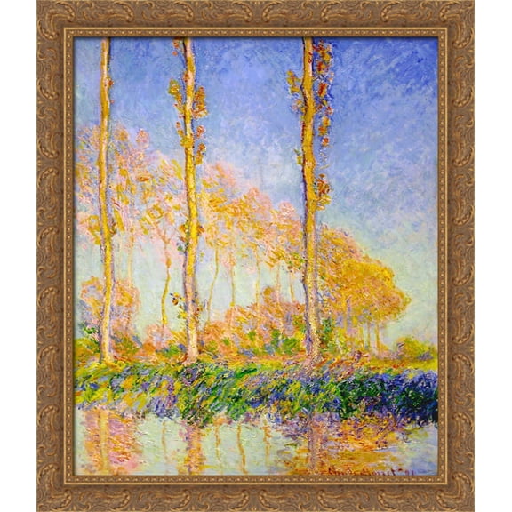 Poplars, Autumn, Pink Effect 28x34 Large Gold Ornate Wood Framed Canvas Art by Claude Monet