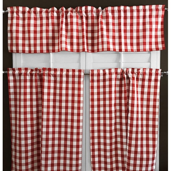 Poplin Gingham Checkered 3 Piece Window Valance Curtain Set (18 different colors)