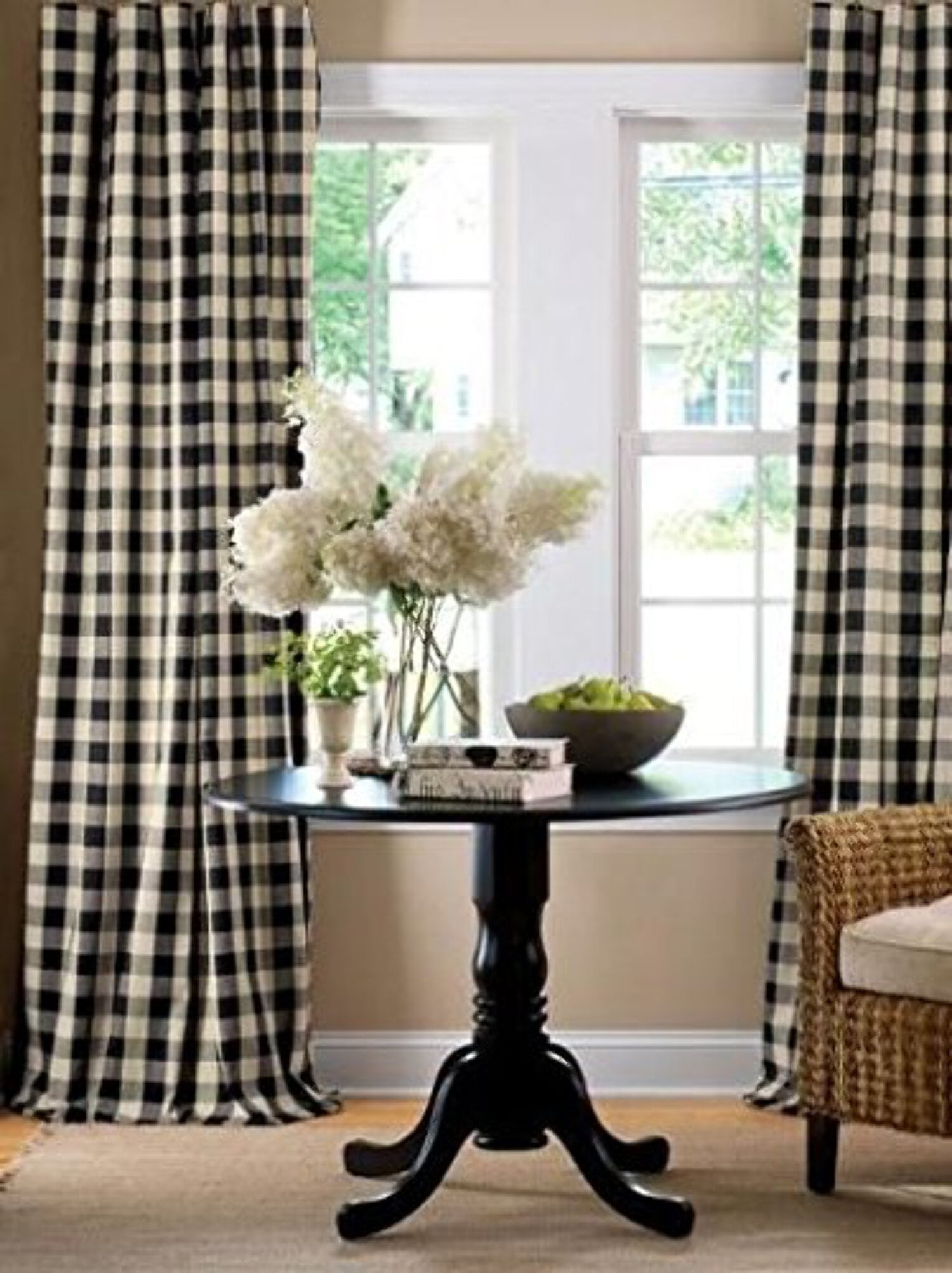 Poplin Gingham Checkered Window Curtain 56 Inch Wide Black and White