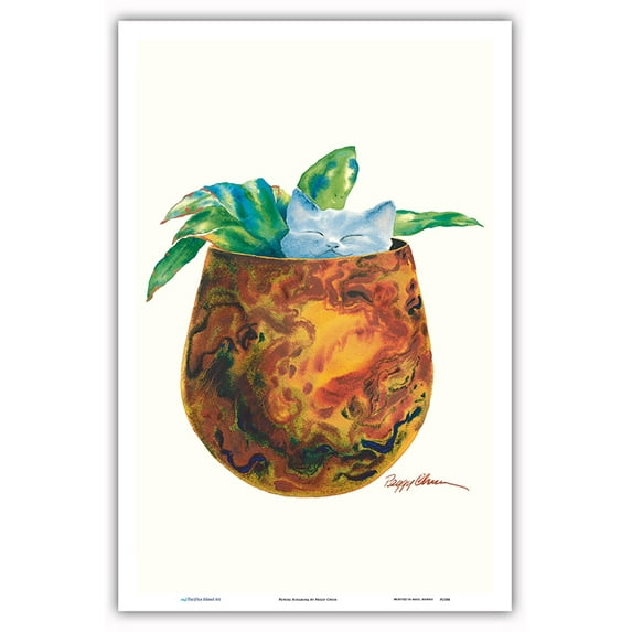Popoki Hinahina - Hawaiian Gray Cat in a Koa Wood Bowl - From an Original Hawaii Watercolor Painting by Peggy Chun - Master Art Print (Unframed) 12in x 18in