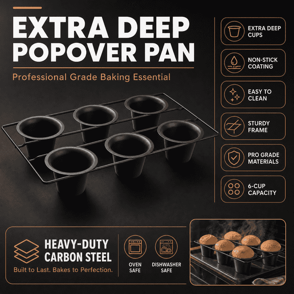 Lakwi 6-Cup Extra Deep Non-Stick Carbon Steel Popover Pan, Bakeware for Yorkshire Puddings and Muffins