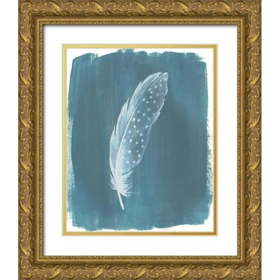 Popp, Grace 12x14 Gold Ornate Wood Framed with Double Matting Museum Art Print Titled - Feathers on Dusty Teal III