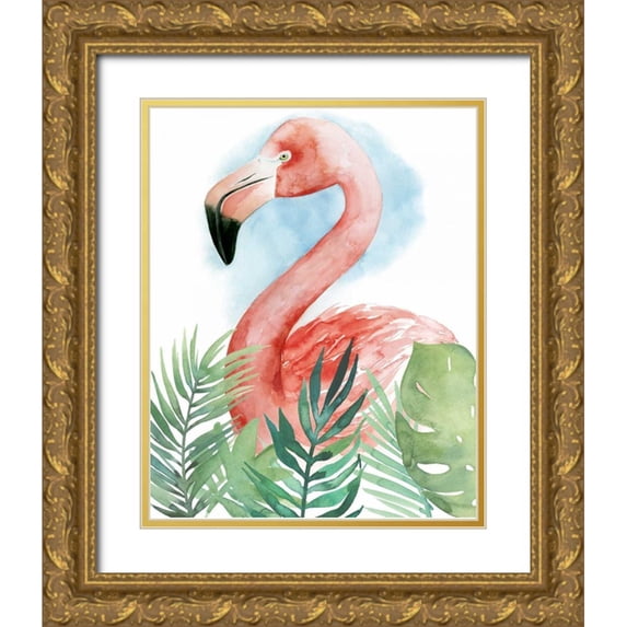 Popp, Grace 12x14 Gold Ornate Wood Framed with Double Matting Museum Art Print Titled - Watercolor Flamingo Composition II
