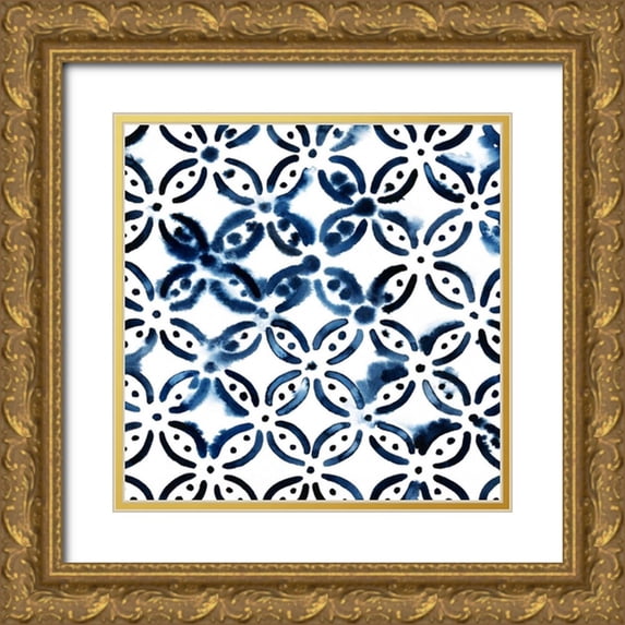 Popp, Grace 15x15 Gold Ornate Wood Framed with Double Matting Museum Art Print Titled - Cobalt Watercolor Tiles I