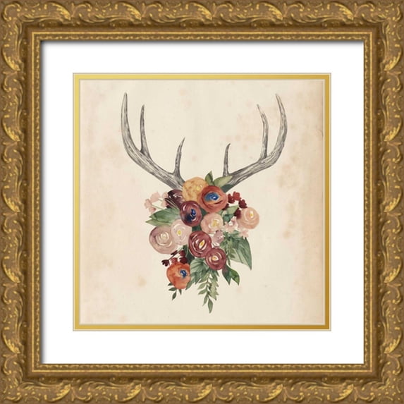 Popp, Grace 15x15 Gold Ornate Wood Framed with Double Matting Museum Art Print Titled - Flower Antlers I
