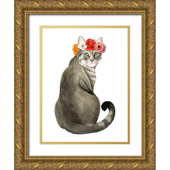 Popp, Grace 15x18 Gold Ornate Wood Framed with Double Matting Museum Art Print Titled - Flower Crown Cats I