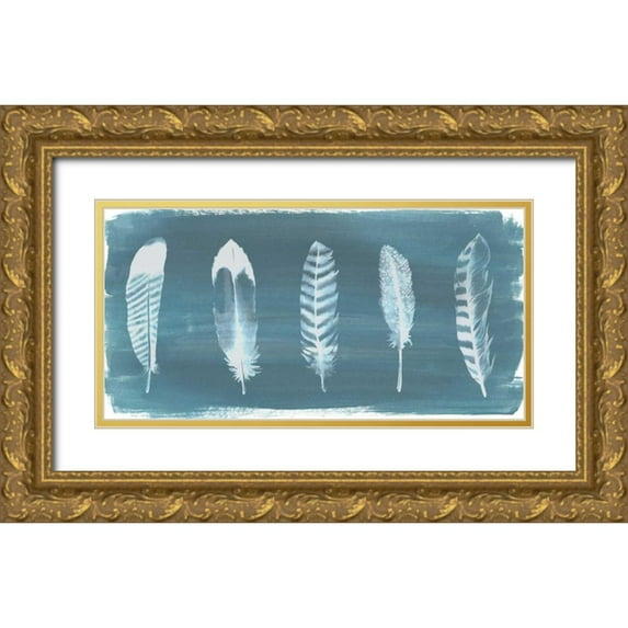 Popp, Grace 18x11 Gold Ornate Wood Framed with Double Matting Museum Art Print Titled - Feathers on Dusty Teal II
