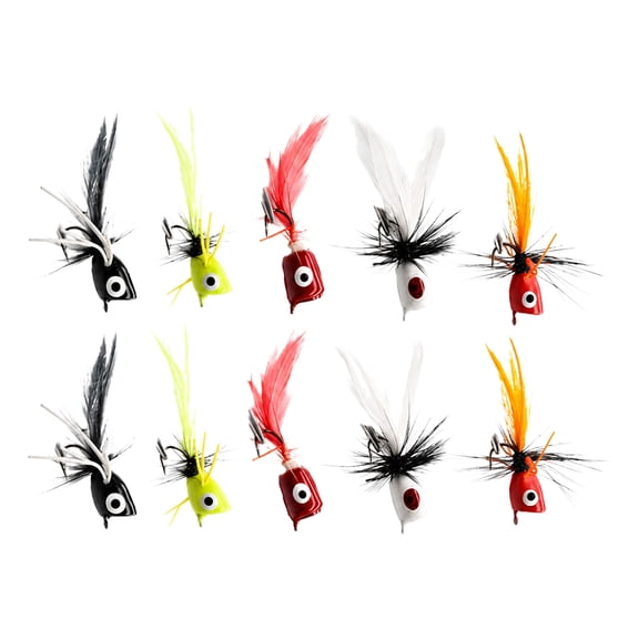 Popper Fly Lure Set for Freshwater Anglers, Topwater Single Hook Lures with Tail Dressing for Trip Tackle Gear