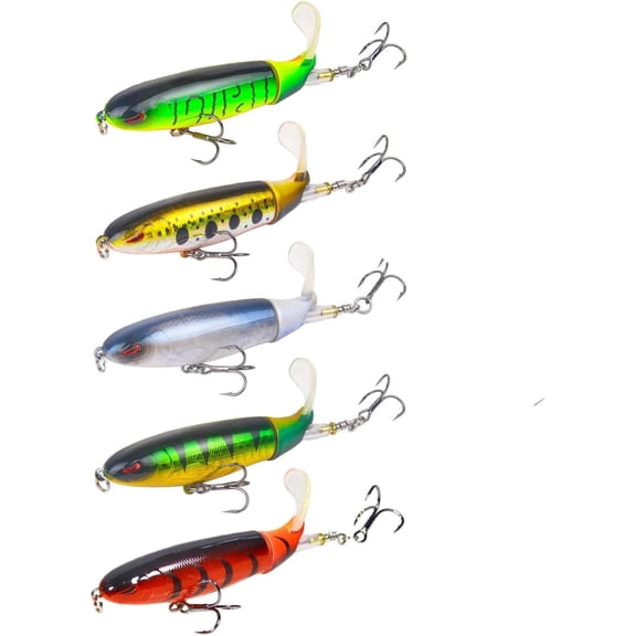 Popper Top Water Fishing Lure: Whopper Fishing Lures with Floating Rotating Tail Barb Treble Hooks Saltwater Freshwater for Bass