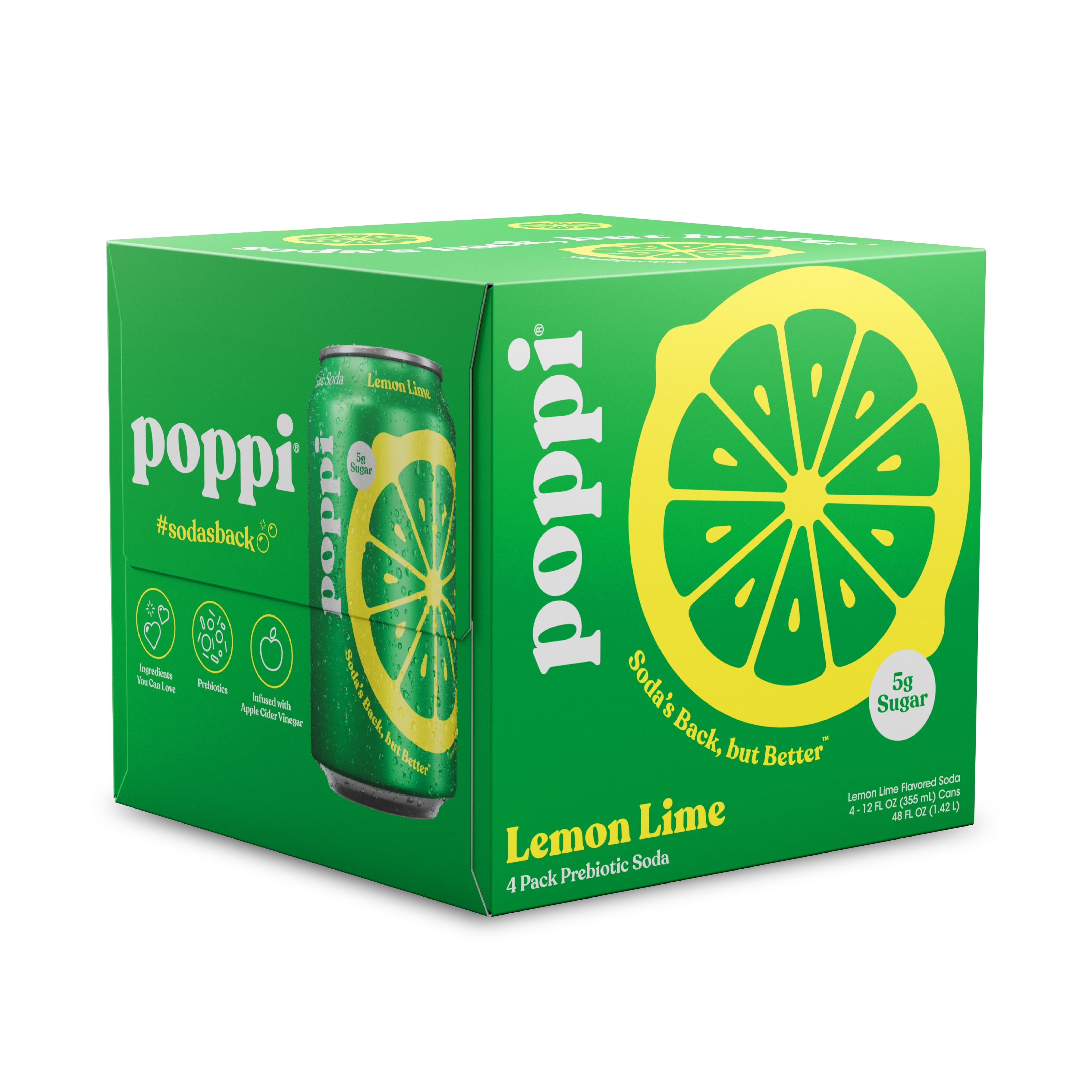 Poppi Lemon Lime Prebiotic Soda, 12 oz, 4 Pack Cans