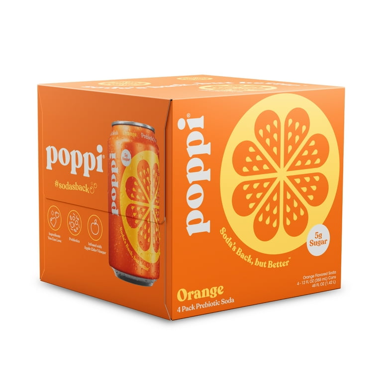 Poppi Prebiotic Soda, Diet Soft Beverage, Orange Flavor, 4 Pack