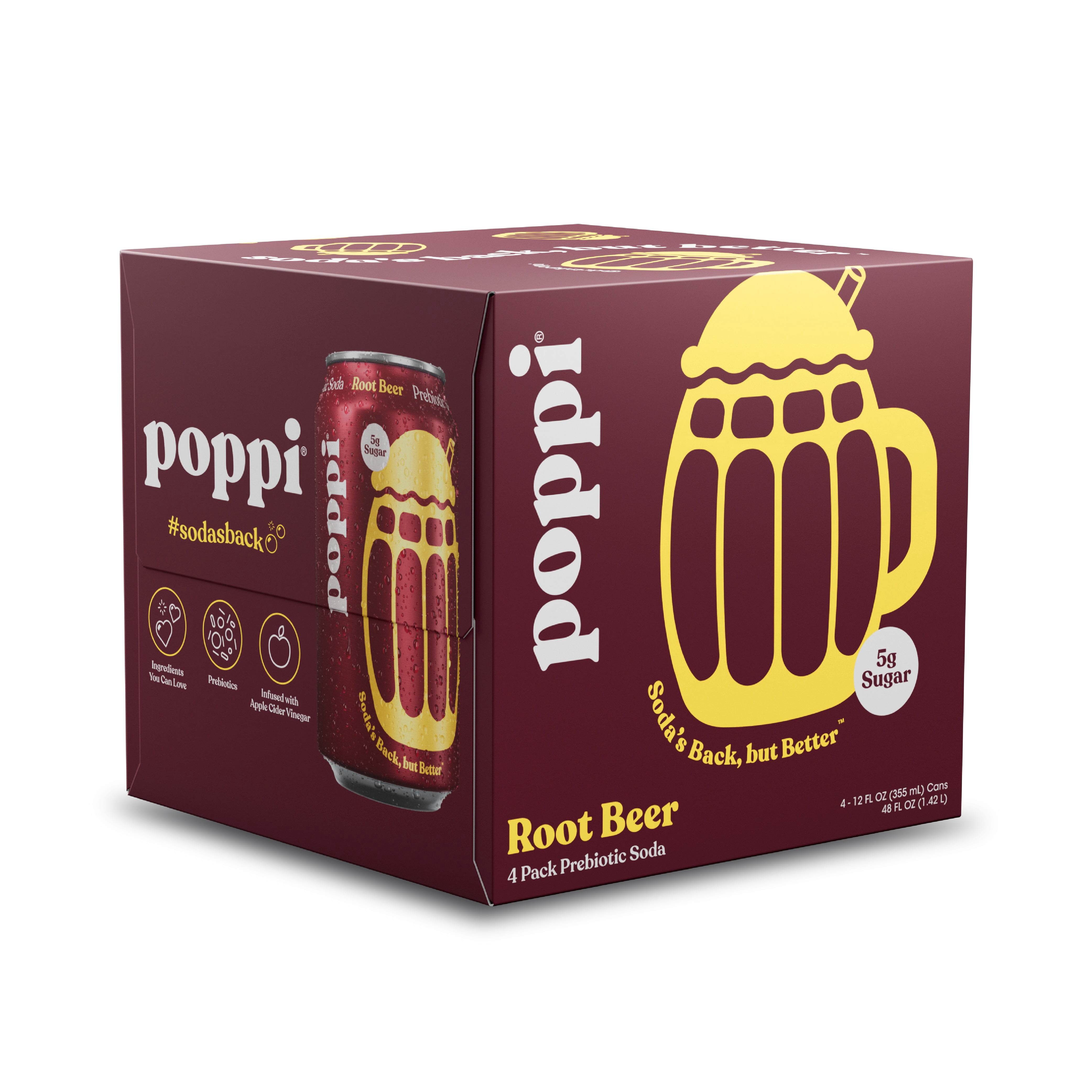 poppi, Root Beer Prebiotic Soda, 12 fl oz, 4 Pack Cans - Walmart.com
