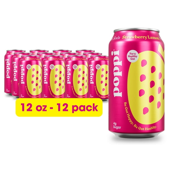 Poppi Prebiotic Soda, Strawberry Lemon, 12 Pack, 12 oz