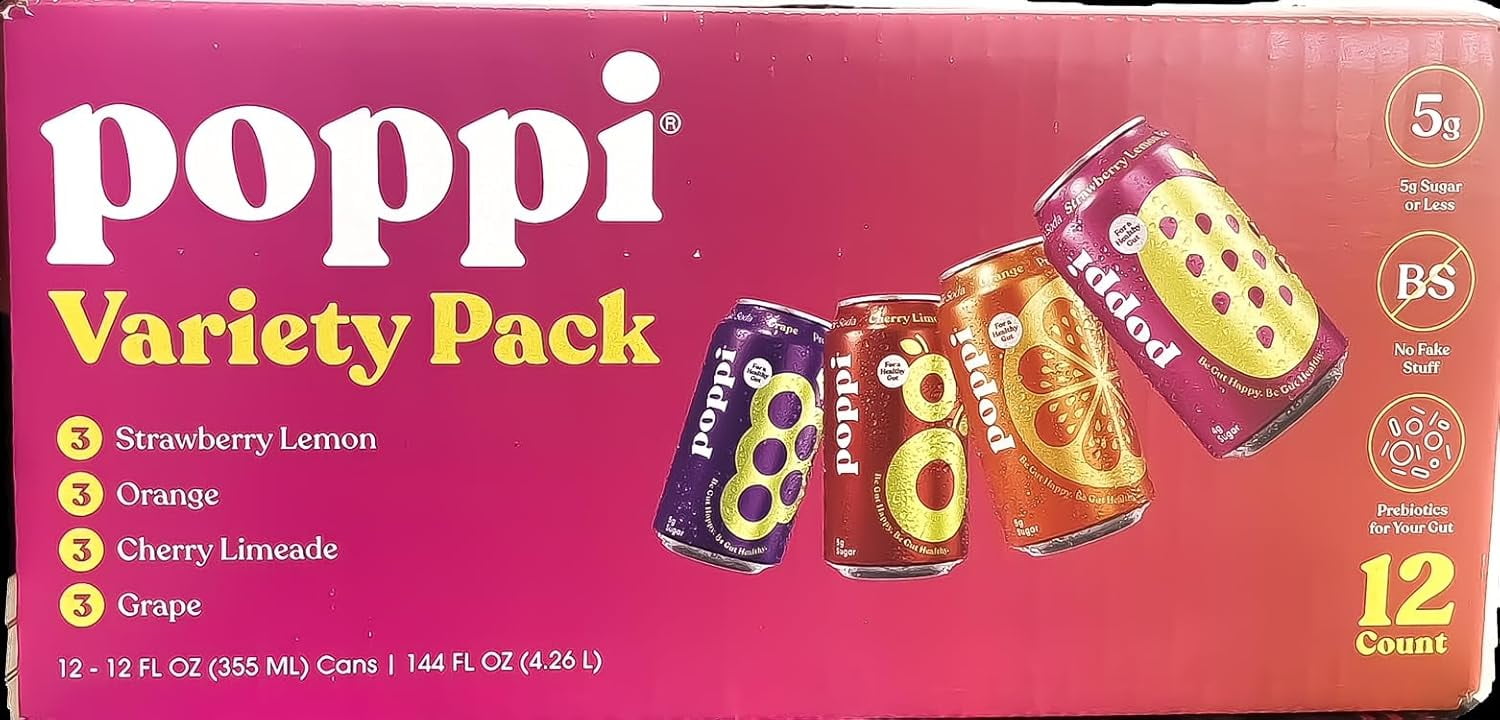 Poppi Prebiotic Soda Variety Pack (Strawberry Lemon, Orange