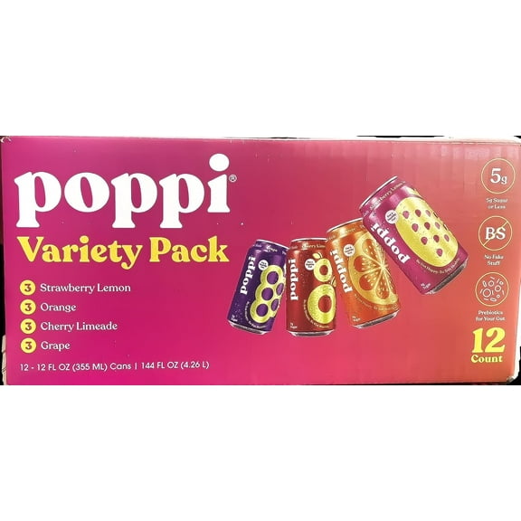 Poppi Prebiotic Soda Variety Pack (Strawberry Lemon, Orange, Cherry Limeade, Grape) 12 Count