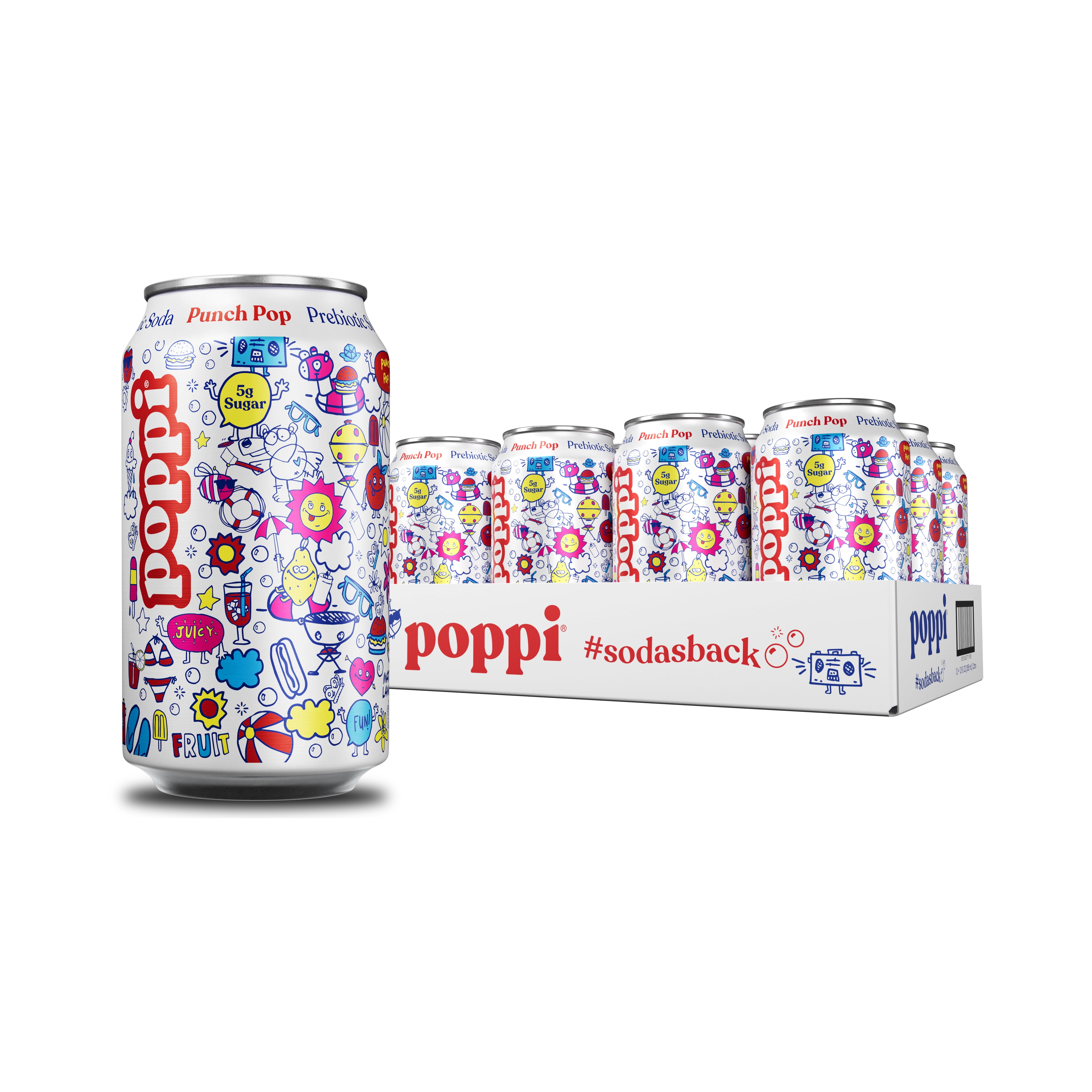 ポイページ poppi Prebiotic Soda, Punch Pop, 12 oz Cans, 12 Pack, Low Sugar