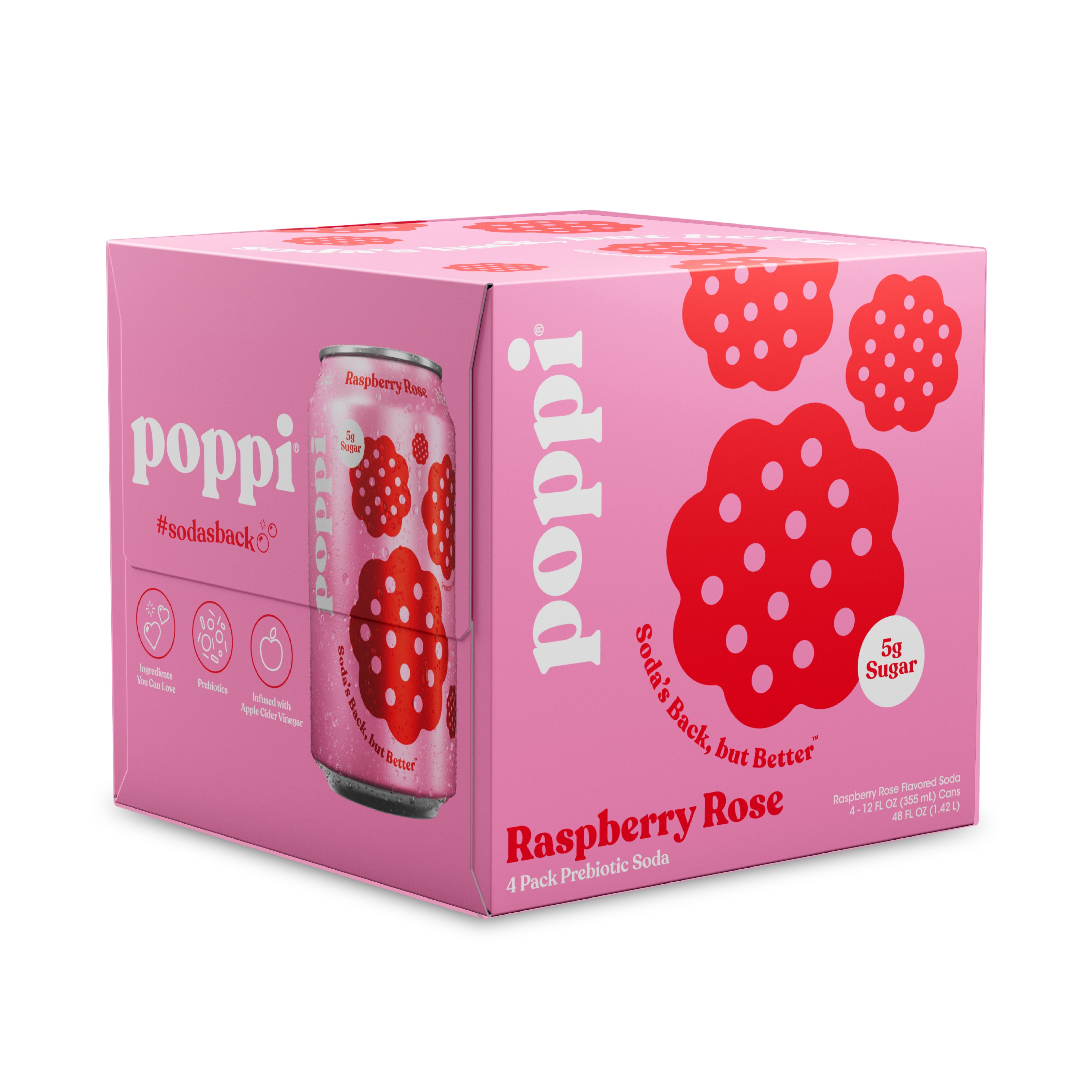 Poppi Raspberry Rose Prebiotic Soda, 12 oz, 4 Pack Cans