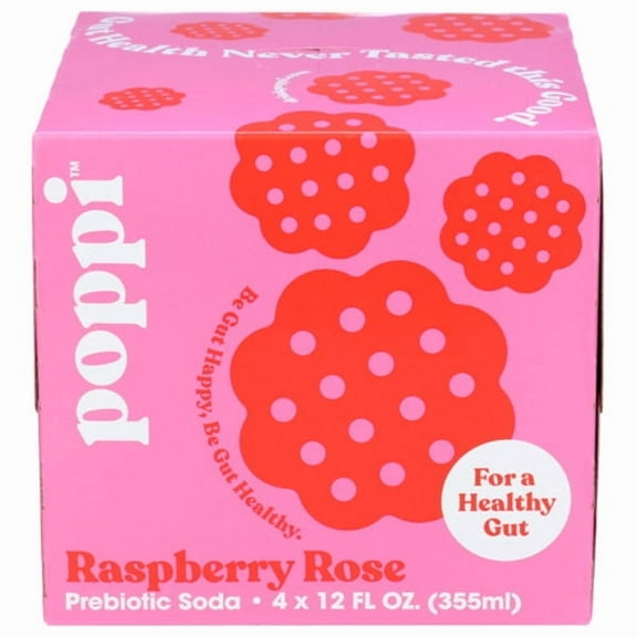 Poppi Raspberry Rose Prebiotic Soda 4 Pack Case 12 fl oz Package May Vary