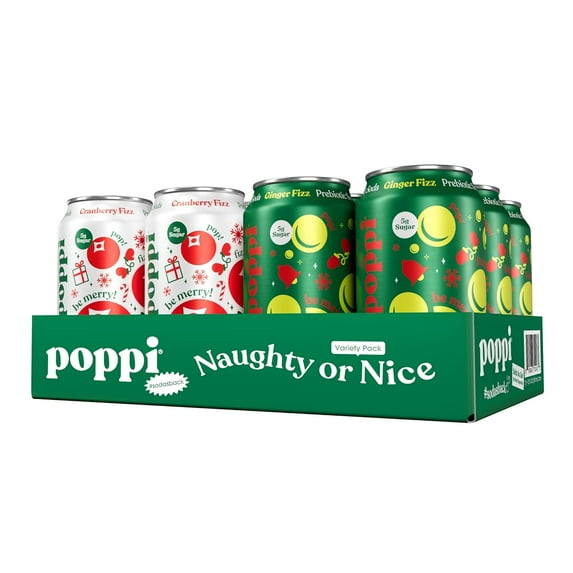 Poppi Sparkling Prebiotic Soda Beverage with Apple Cider Vinegar, Seltzer Water and Fruit Juice, Naughty or Nice Variety Pack, 12 Fl Oz, Pack of 12