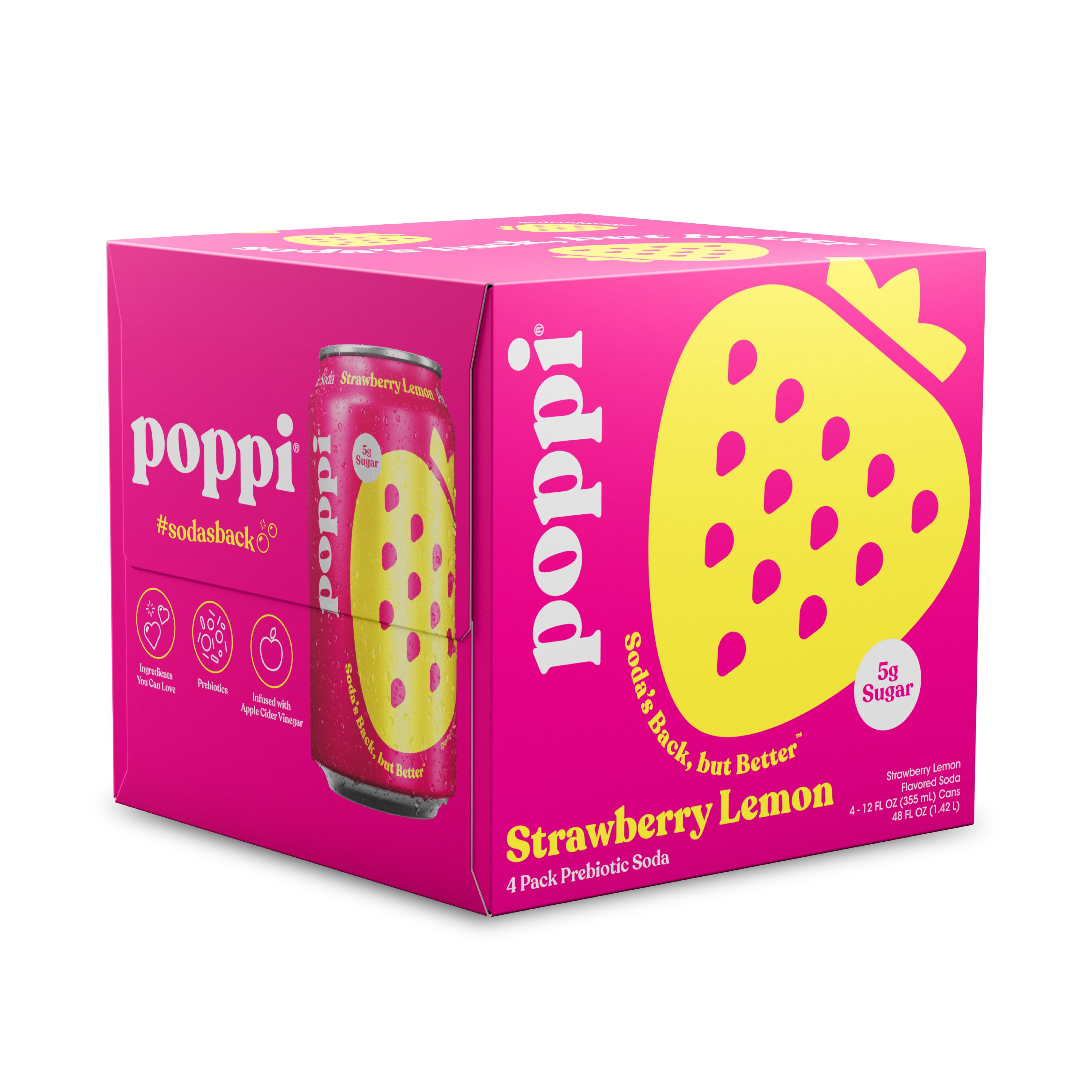poppi, Strawberry Lemon Prebiotic Soda, 12 fl oz, 4 Pack Cans