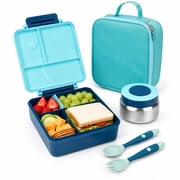 PoppiKids, Bento Lunch Box Set with Thermos Food Jar, 4 Section Lunch Container, Insulated Multi Section Lunch Bag, Cutlery, Leak Proof, BPA Free, Blue