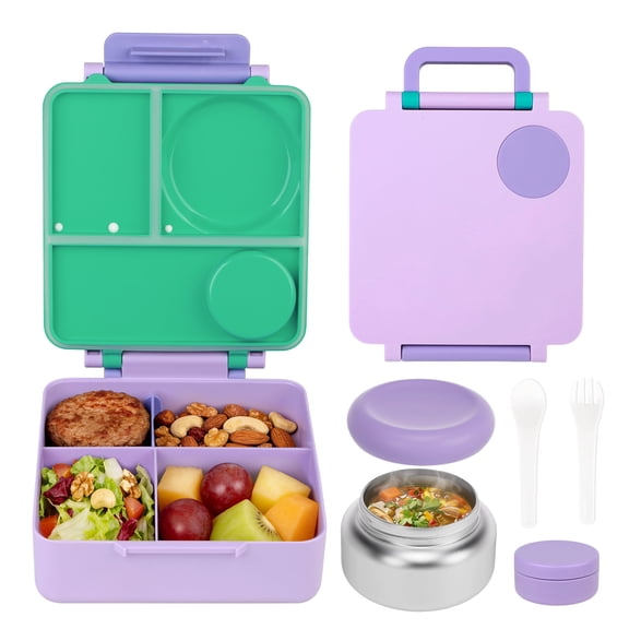 PoppiKids, Bento Lunch Box Set with Thermos Food Jar, 4 Section Lunch Container, Sauce Cup, Cutlery, Leak Proof, BPA Free, Purple