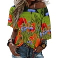 thumbnail image 1 of Poppies And Cornflowers Colorful Landscape Art Lotus Leaf Neck T-Shirt Long Sleeve T-Shirts For Women Spring And Autumn Tee, 1 of 3